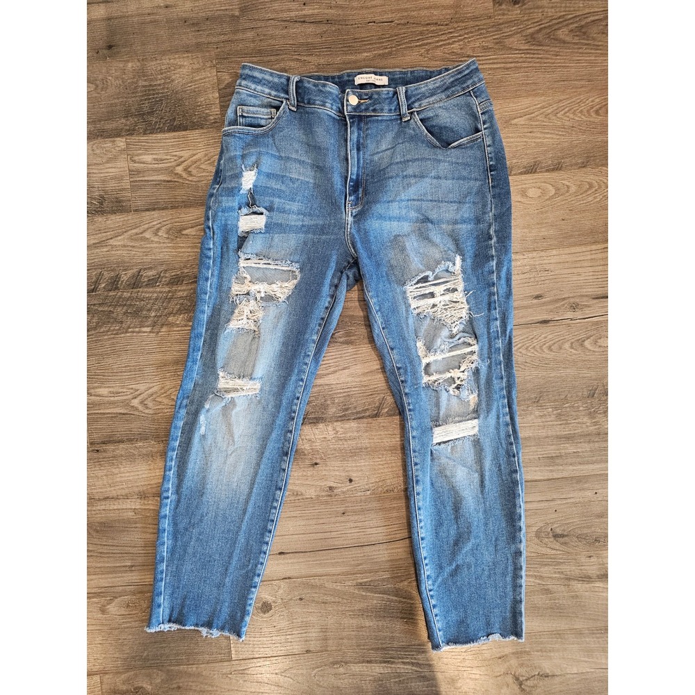 Encore Jeans Womens‎ 1X/14 Blue Distressed Raw Hem Denim Casual Cropped